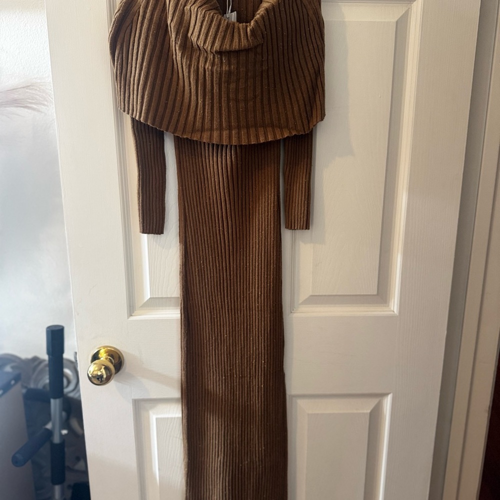 Brown Long Sleeve Ribbed Dress
